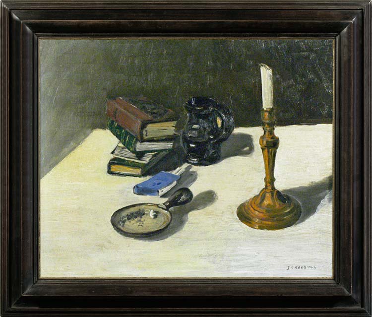 J. LEBRETON  Still life with books, ashtray and a candlestick