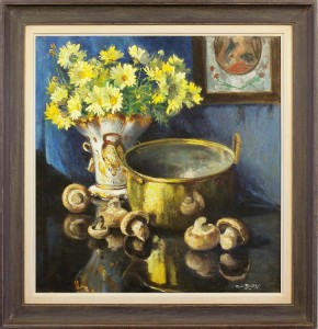 ROBERT BOUDRY Still life with mushrooms, preserving pan & a vase of daisies